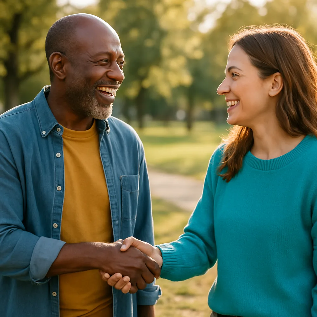 Two people meeting at a local park — genuinely local Yorkshire dating