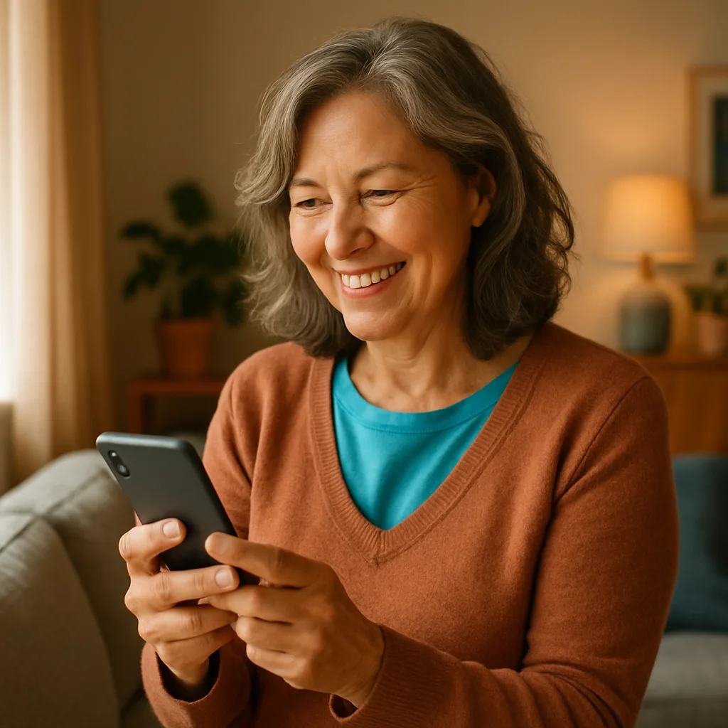 Smiling woman confidently checking her phone — verified profiles on The Yorkshire Dating Site